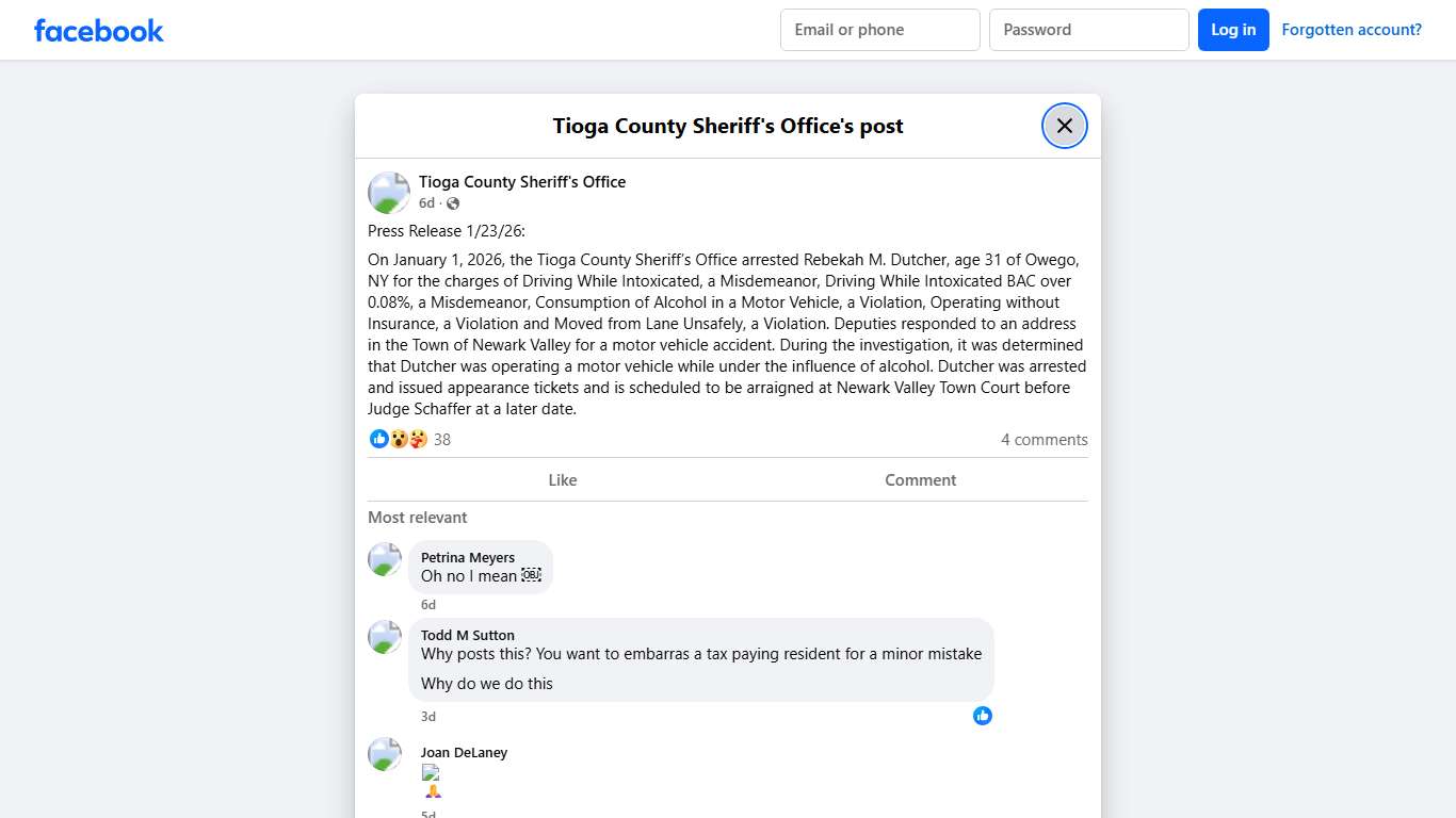 Press Release 1/23/26: On... - Tioga County Sheriff's Office Facebook